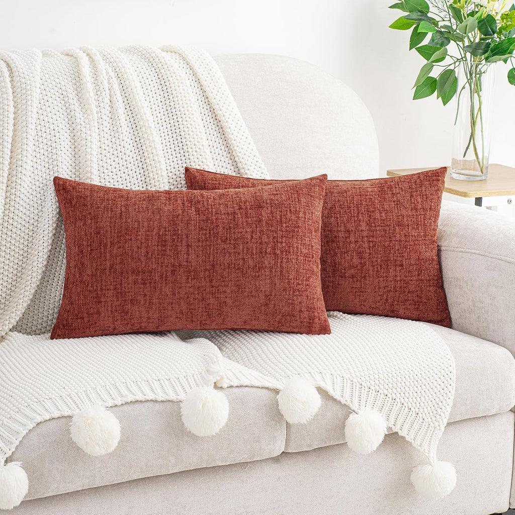 Hwy50 HWY 50 Burnt Orange Lumbar Pillow Covers 12x20 Inch Pack of 2, Soft Chenille Decorative Throw Pillow Covers Farmhouse Fall for Couch…