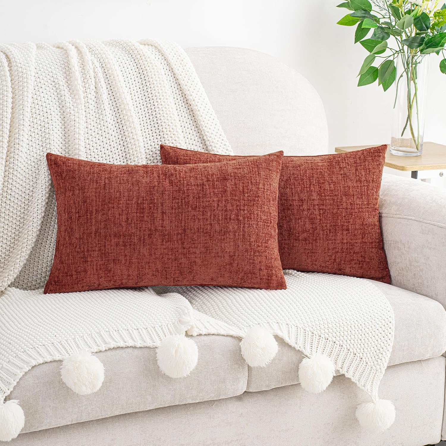 Hwy50 HWY 50 Burnt Orange Lumbar Pillow Covers 12x20 Inch Pack of 2, Soft Chenille Decorative Throw Pillow Covers Farmhouse Fall for Couch…
