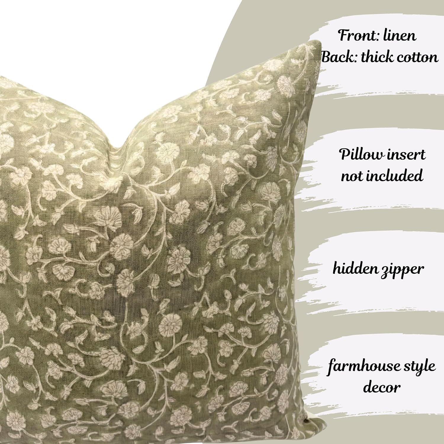 LineandLoop Linen Throw Pillow Covers 20x20 inch Floral Pillows Green Spring Decorative Pillow Covers for Living Room, Bedroom 2 inches cot…