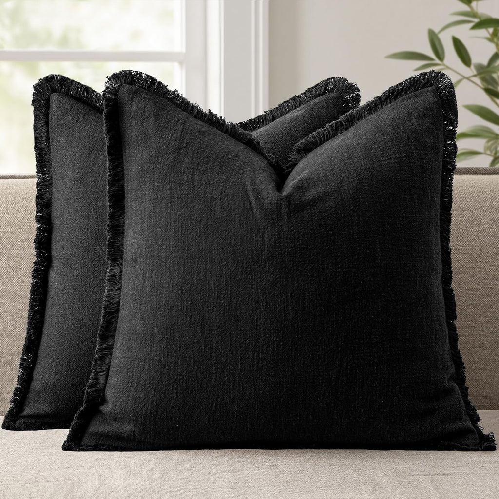 Anroduo Set of 2 Decorative Throw Pillow Covers 26×26 Inch Soft Linen Fringe Farmhouse Boho Vintage Cushion Covers with Tassels Accent Pill…