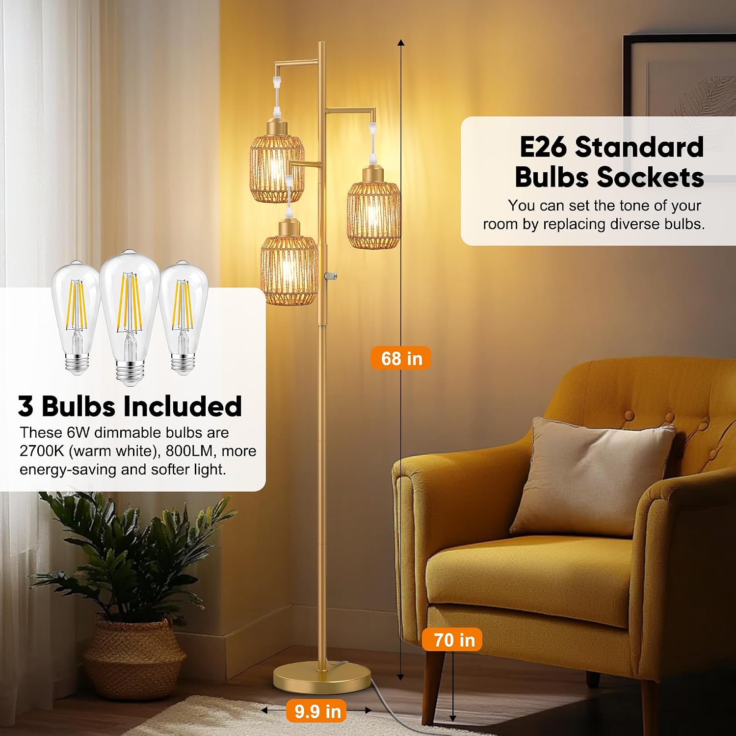 ROTTOGOON Dimmable Boho Floor Lamp - 3 Light Farmhouse Rattan Floor Lamp for Living Room, Industrial Tree Floor Lamps with 3 X 6W LED…
