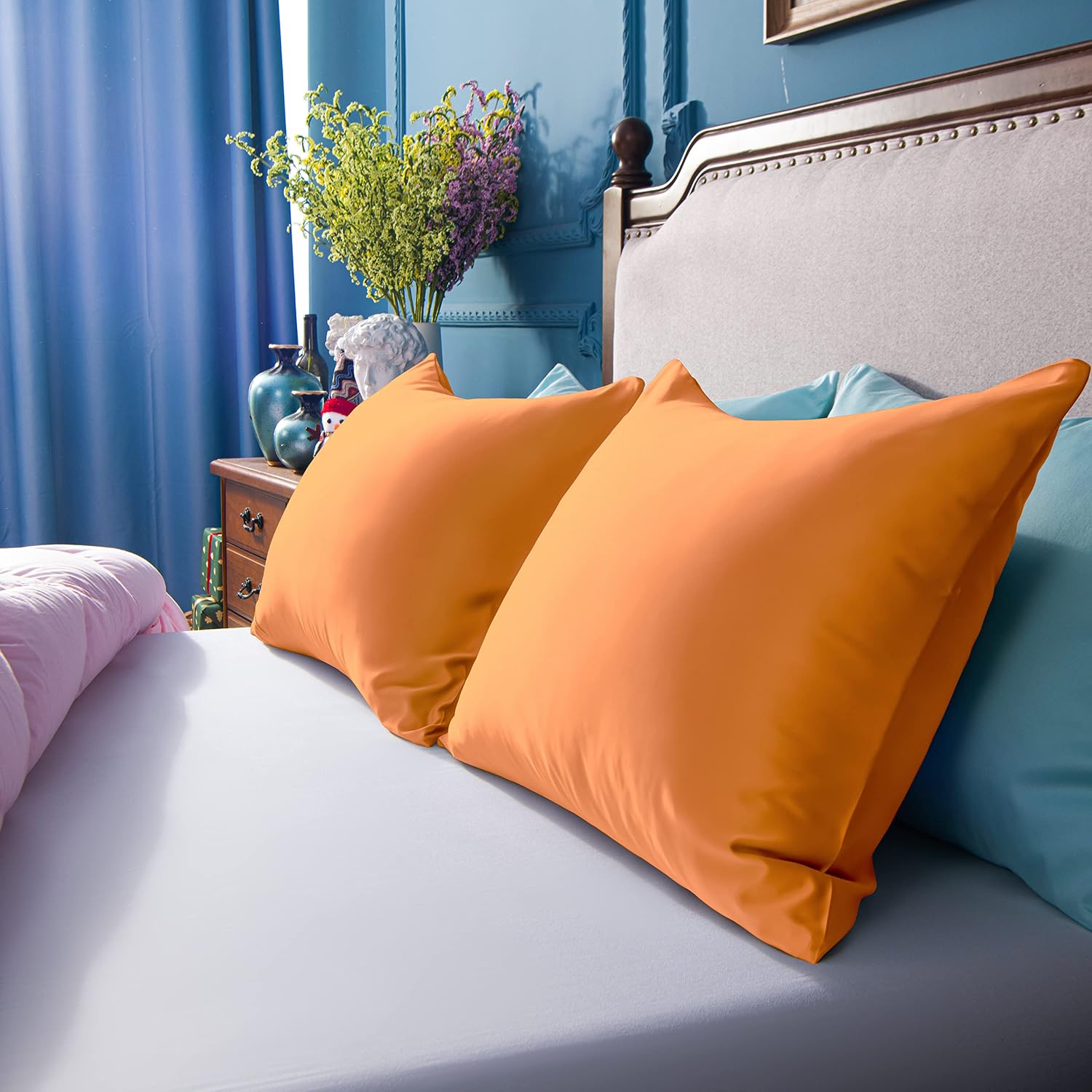 Ntbay Zippered Satin Pillow Cases for Hair and Skin, Luxury King Hidden Zipper Pillowcases Set of 2, 20x36 Inches, Orange 36 Inches
