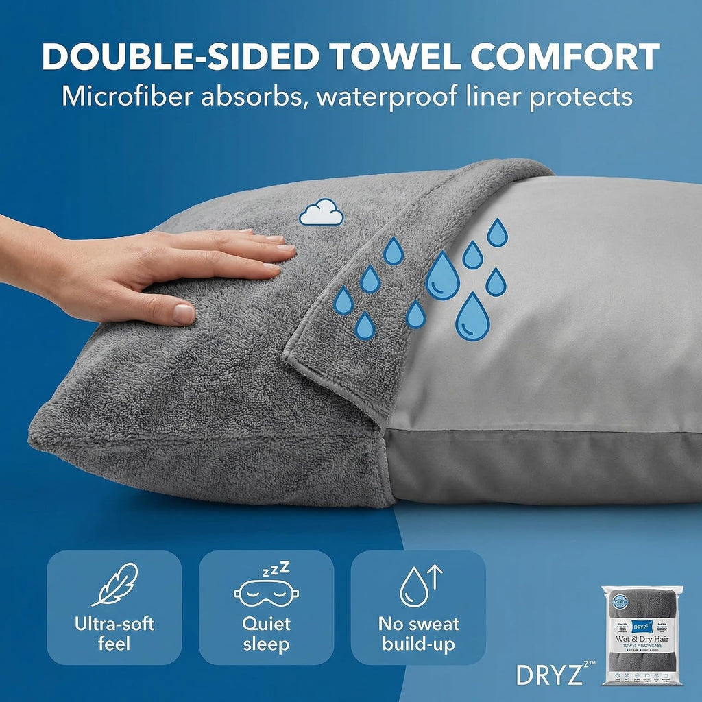 DryZzz Waterproof Towel Pillowcase 2 Pack Gray, Standard Size 29"x19" Dual-Sided Waterproof Pillow Covers for Wet & Dry Hair, Protects Agai…