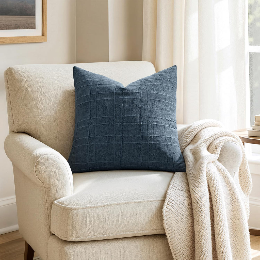 Miulee Decorative Linen Check Throw Pillow Covers Neutral Farmhouse Vintage Pillow Covers 18x18 Set of 2 Boho Modern Home Decor for Sofa Co…