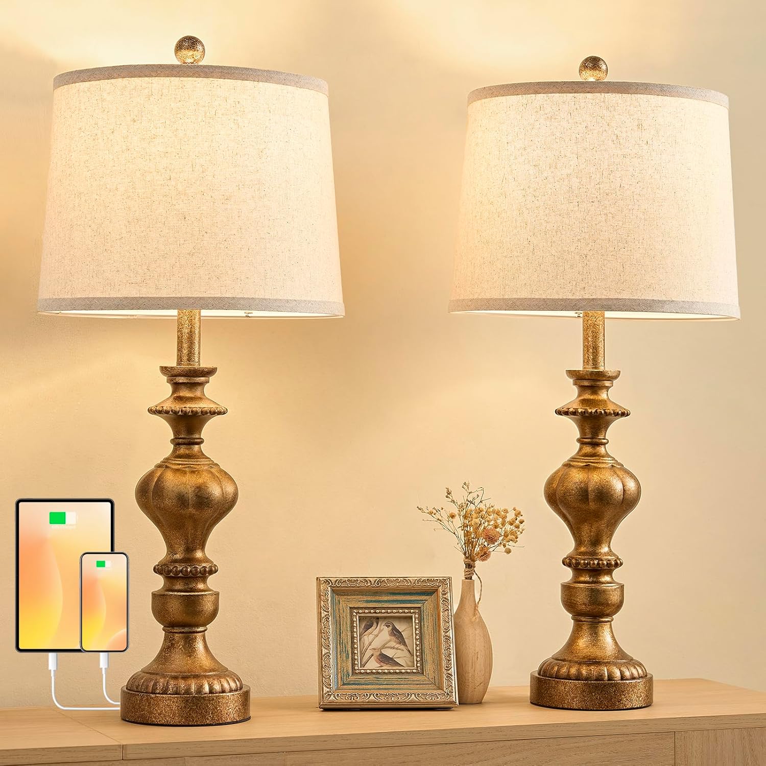 SAIWEYA 27.5" Farmhouse Table Lamps Set of 2 Bedside Nightstand Lamp with USB C+A Ports & AC Outlet, 3 Way Dimmable Lamps for Bedroom…