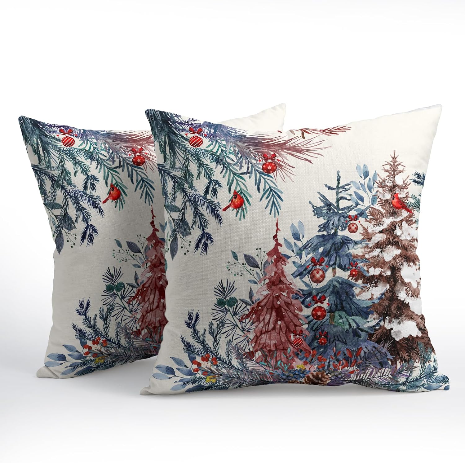 Granbey Christmas Tree Throw Pillow Covers 24x24 Inch Set of 2 Winter Watercolor Pine Trees Red Berry Bells Birds Decorative Pillowcase Xma…