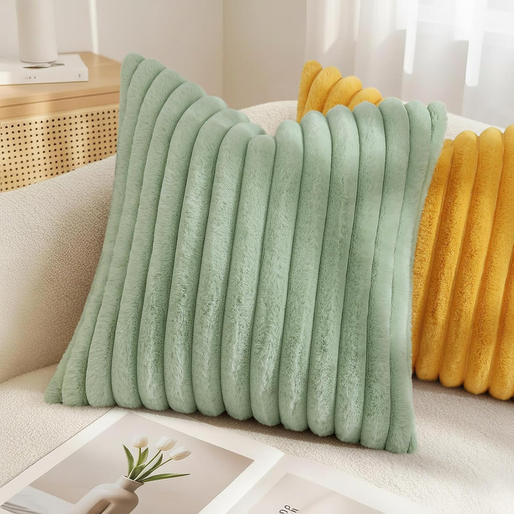decorUhome Summer Cozy Faux Fur Throw Pillow Covers 22x22 Set of 2 Decorative Plush Striped Modern Farmhouse Boho Couch Euro Sham Pillow Ca…