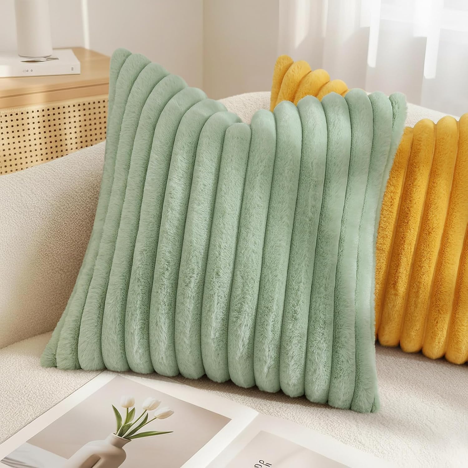 decorUhome Summer Cozy Faux Fur Throw Pillow Covers 20x20 Set of 2 Decorative Soft Plush Striped Modern Farmhouse Boho Couch Pillow Cases w…