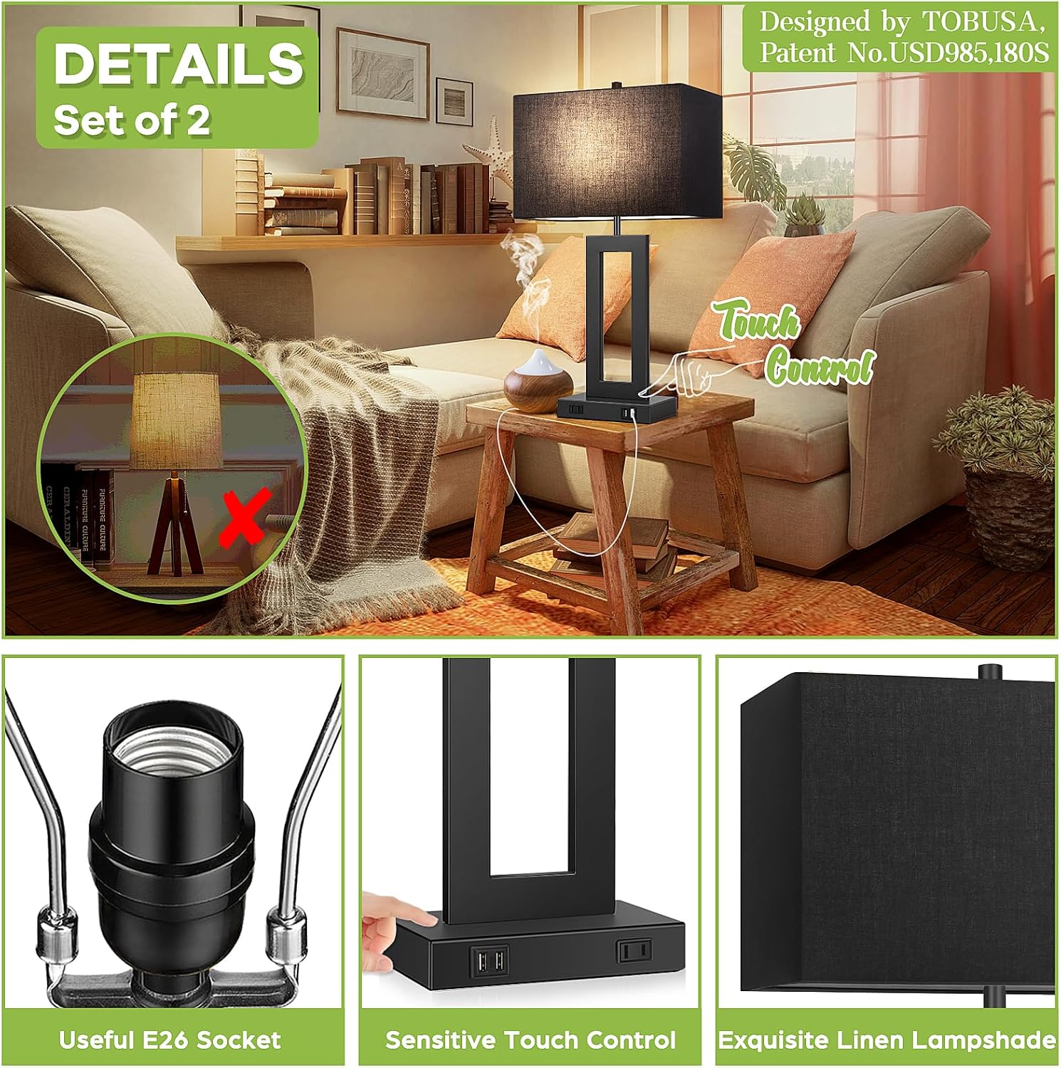 Tobusa Set of 2 Touch Control Table Lamps with 2 USB Ports&AC Outlet, 3-Way Dimmable Modern Nightstand Lamp Sets, Bedside Black Lamps for B…