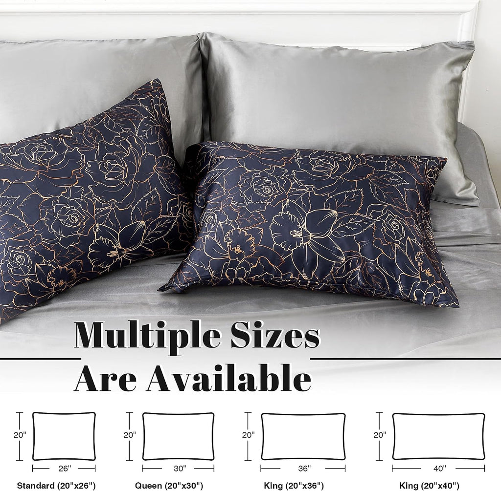 EXQ Home Satin Pillowcase for Hair and Skin- Rose on Blue Silk Pillowcase 2 Pack 20x26 inches - Standard Size Pillow Cases with Envelope…