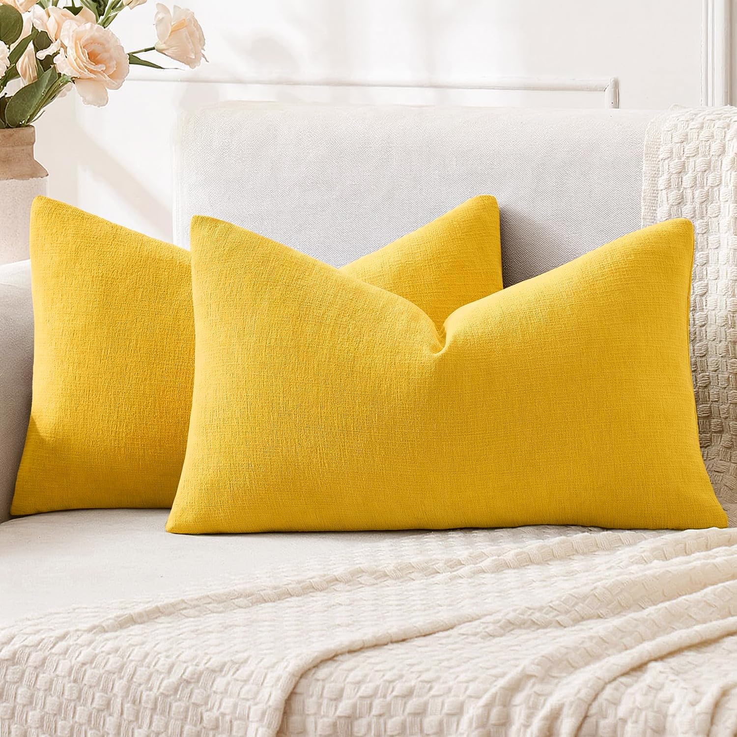 Miulee Yellow Couch Pillow Covers 12x20 Inch, Set of 2 Soft Chenille Summer Decorative Lumbar Throw Pillow Covers Farmhouse for Sofa Living…