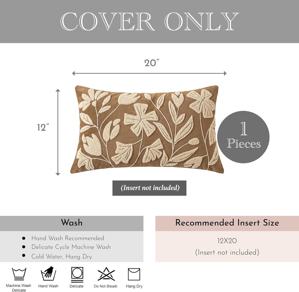 BlissBlush 12x20 Lumbar Pillow Cover, Rectangular Brown Decorative Throw Pillowcase for Couch Sofa, Embroidered Velvet Farmhouse Accent…