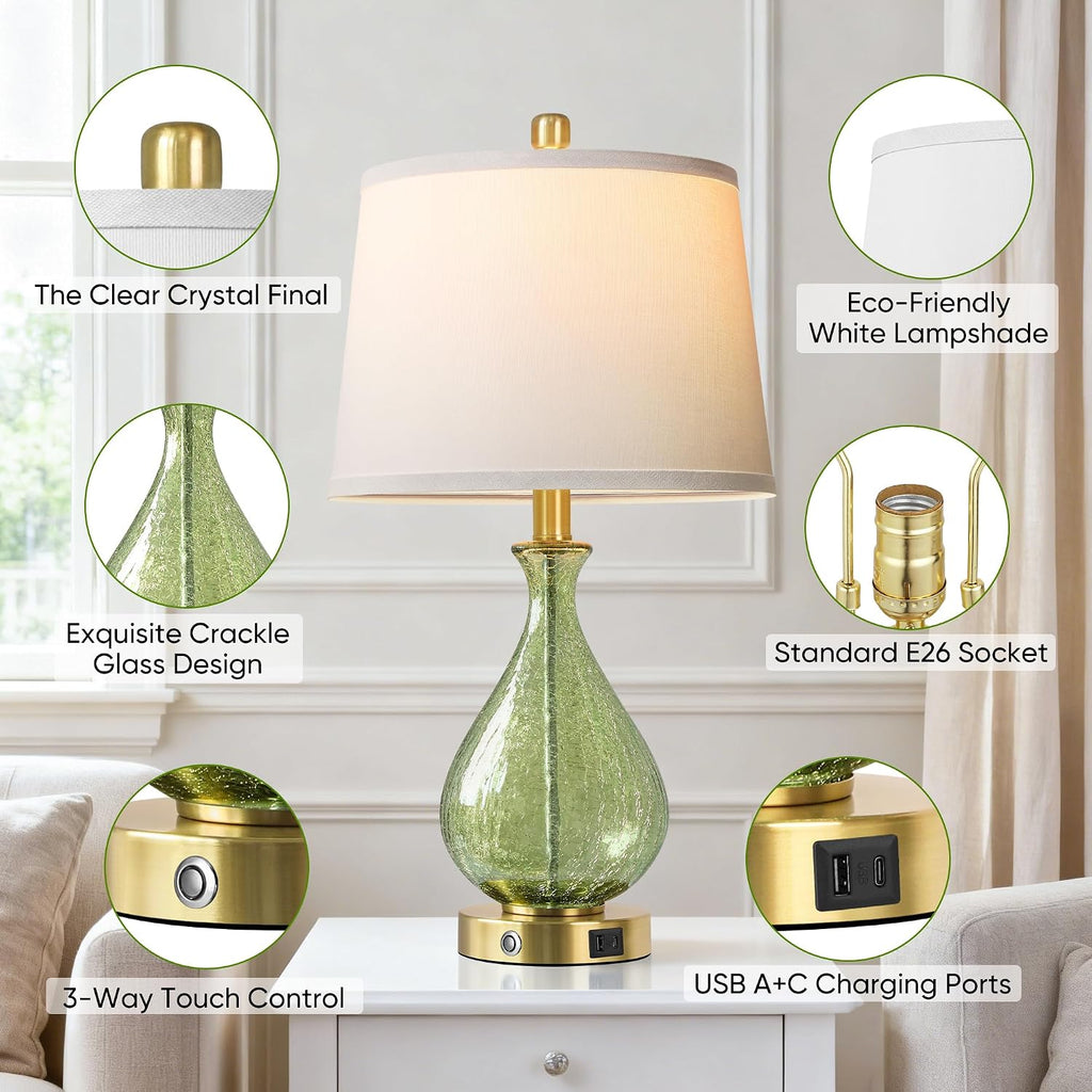 QiMH Green Glass Table Lamps for Living Room, Bedside Lamps Set of 2 with USB A+C Charging Ports, 3 Way Dimmable Touch Lamps for…