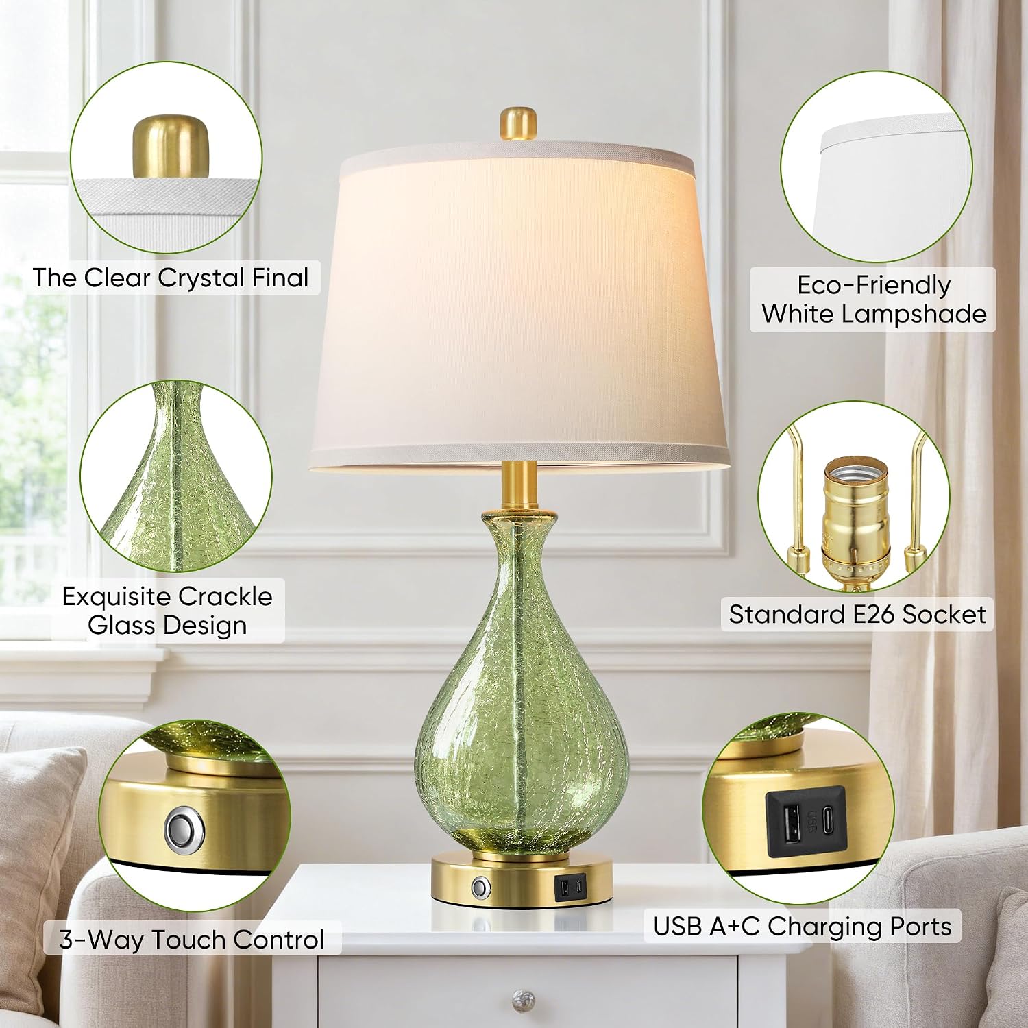 QiMH Green Glass Table Lamps for Living Room, Bedside Lamps Set of 2 with USB A+C Charging Ports, 3 Way Dimmable Touch Lamps for…