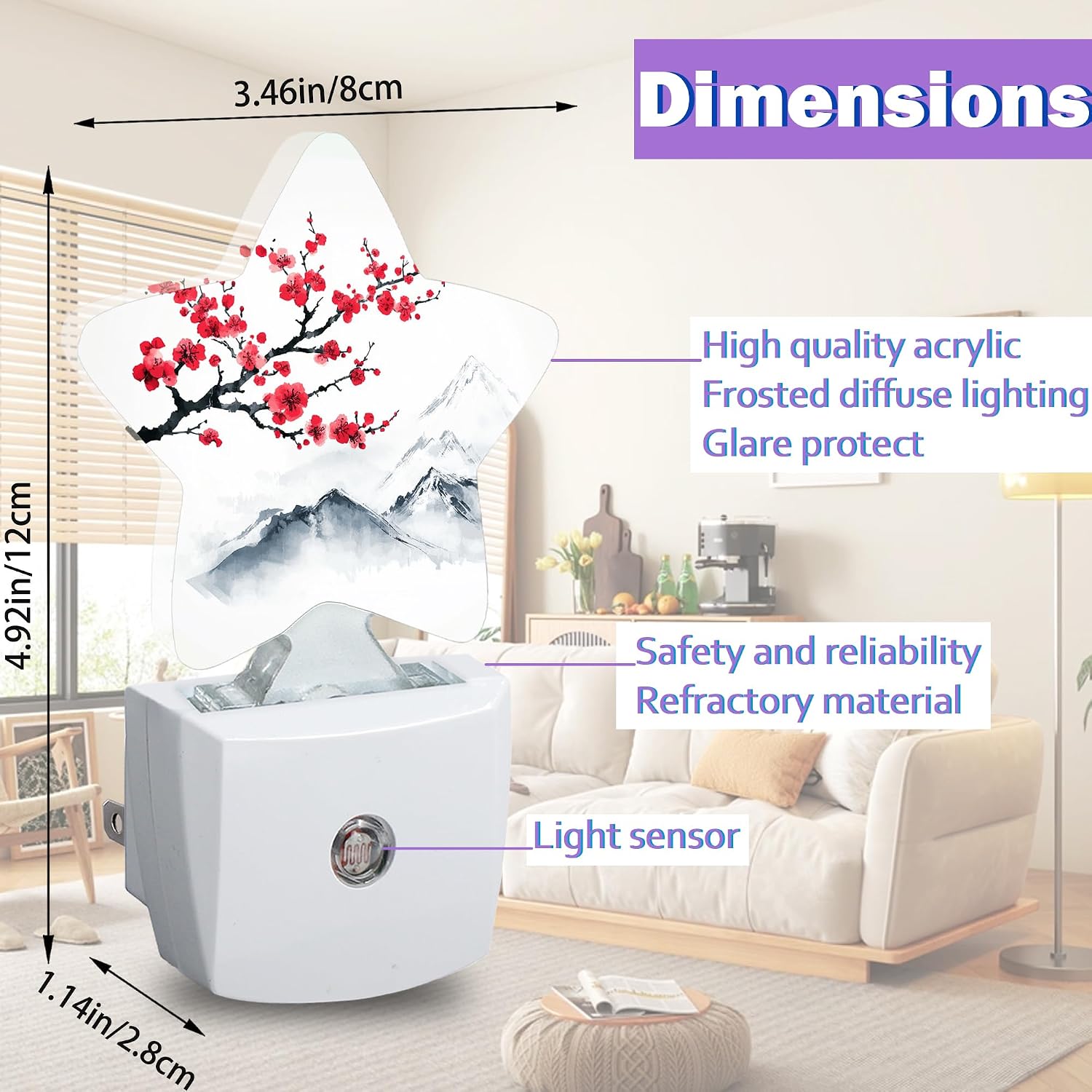 Red Plum Blosoom Flower Night Lights Plug Into Wall Decorative, Chinese Ink Painting Sleep Friendly Lamp, Energy Efficient Dusk-to-Dawn…