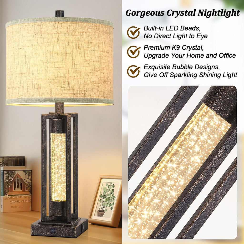 Tobusa 26’’ Vintage Table Lamps for Living Room Set of 2, Rustic Lamps for Bedroom with 2 USB Ports and Crystal Night Light, Farmhouse Beds…