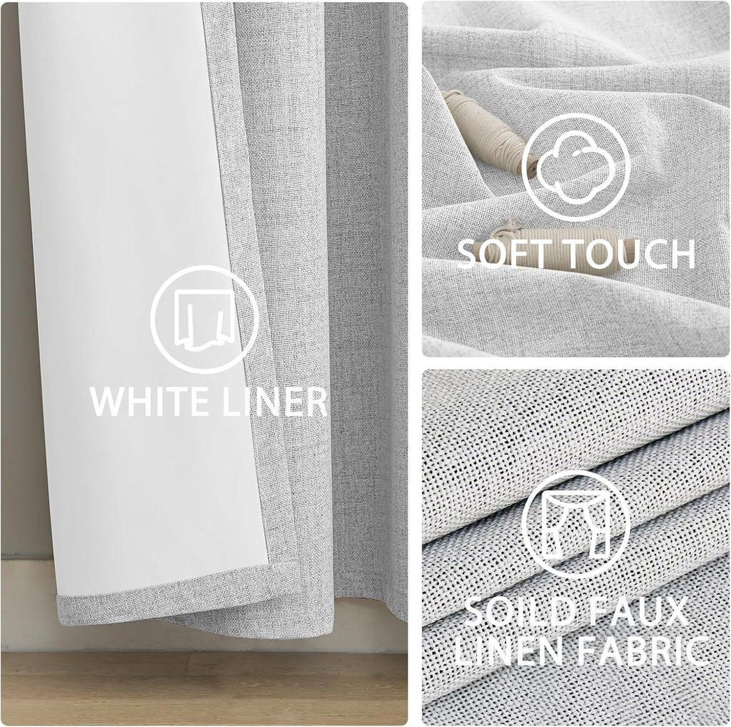 Yakamok White Linen Curtains 100% Blackout 90 Inches Long, Room Darkening Textured Curtains for Living Room Thermal Grommet Bedroom Curtain…