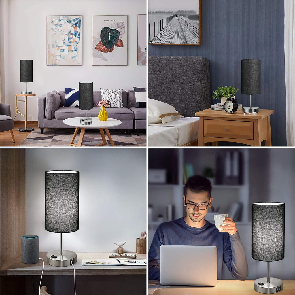 Brightever Black Touch Control Table Lamp Set of 2, with 2 USB Charging Ports&AC Outlet, 3-Way Dimmable Bedside Nightstand Lamps with Fabri…