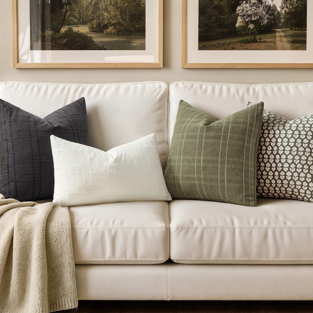 Miulee Decorative Linen Check Throw Pillow Covers Neutral Farmhouse Vintage Spring Pillow Covers 18x18 Set of 2 Boho Modern Home Decor for…