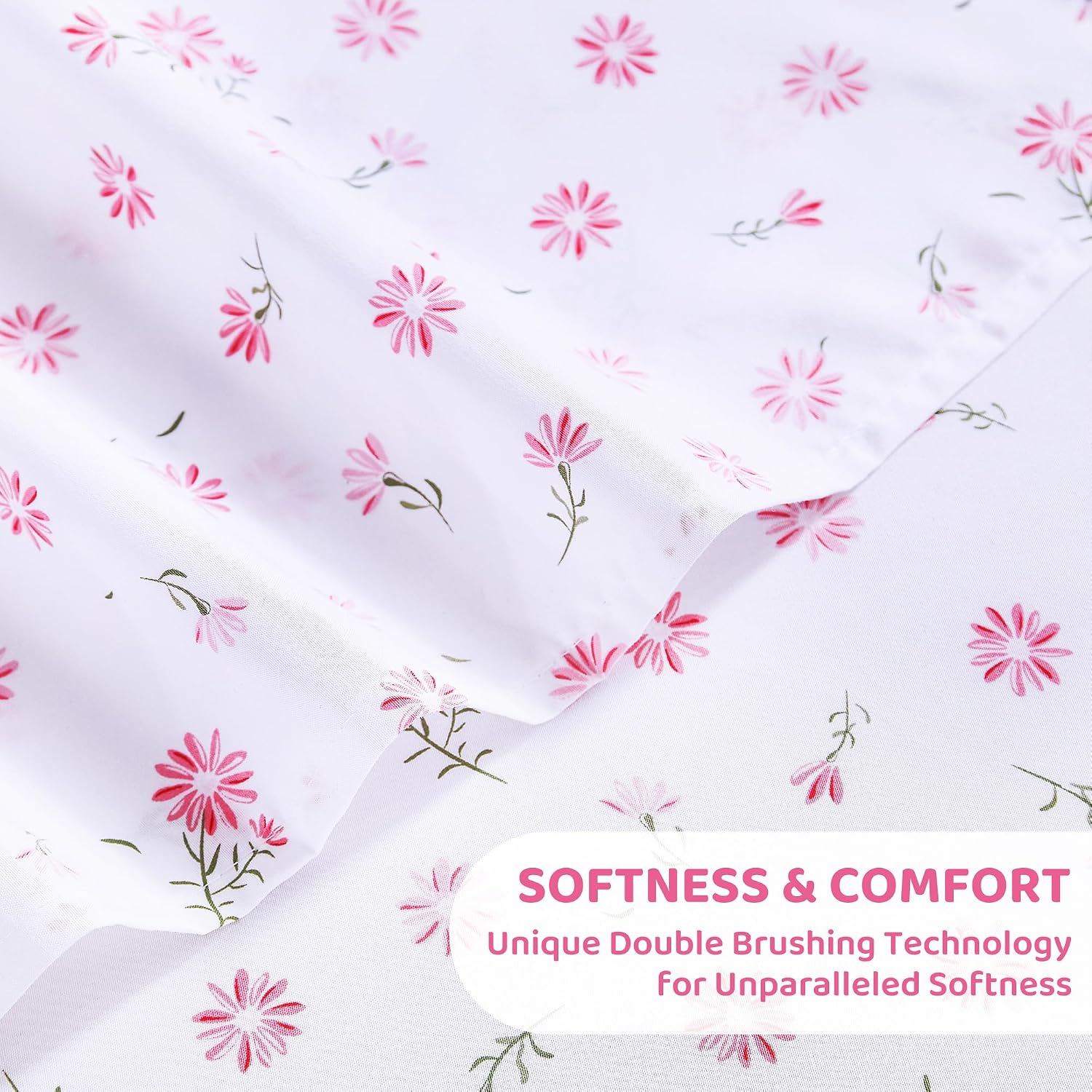 mooreeke Cozy Vintage Microfiber Printed Floral Queen Sheet Set - Soft & Breathable Pink Daisy Bed Sheets with Extra Deep Pocket - Non-Slip…