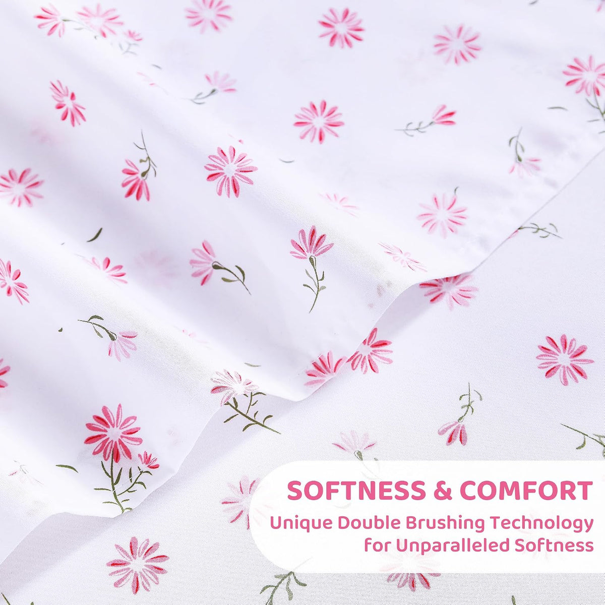 mooreeke Cozy Vintage Microfiber Printed Floral Full Sheet Set - Soft & Breathable Pink Daisy Bed Sheets with Extra Deep Pocket - Non-Slip…