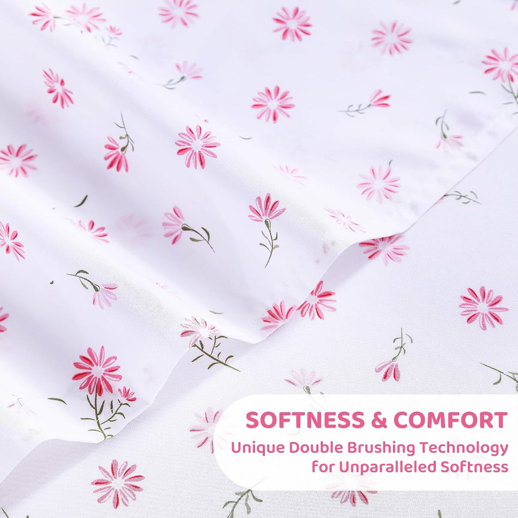 mooreeke Cozy Vintage Microfiber Printed Floral King Sheet Set - Soft & Breathable Pink Daisy Bed Sheets with Extra Deep Pocket - Non-Slip…