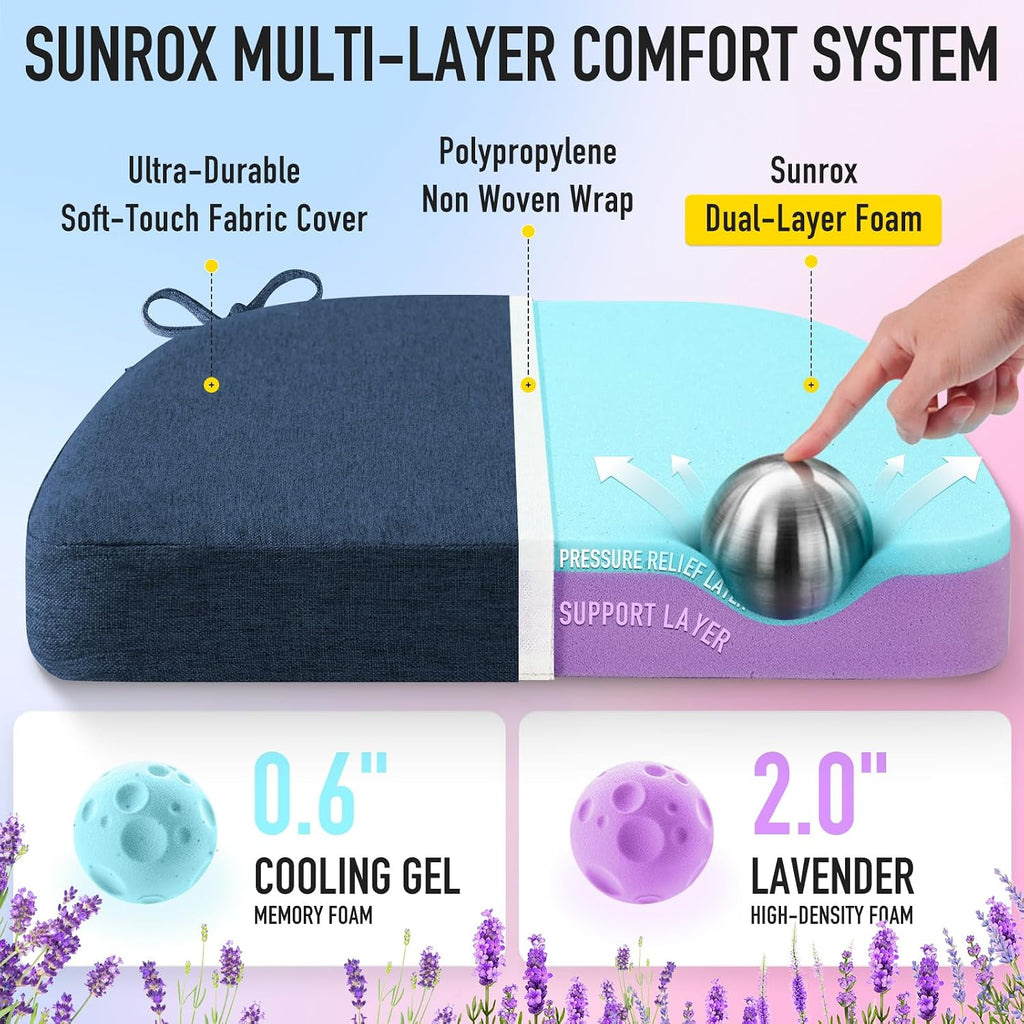 Sunrox Cooling Gel Memory Foam Chair Cushions, 2.6" Thick U-Shaped Dual-Layer Comfort Dining Chair Pads, Non Slip Seat Cushion with Ties fo…
