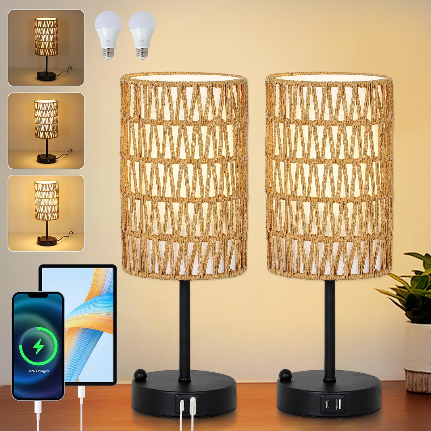 Touch Table Lamp Set of 2 For Bedroom with Bulb, Boho Small Desk Lamp For Living Room With Rattan & Linen Shade, 3 Way Dimmable Bedside…