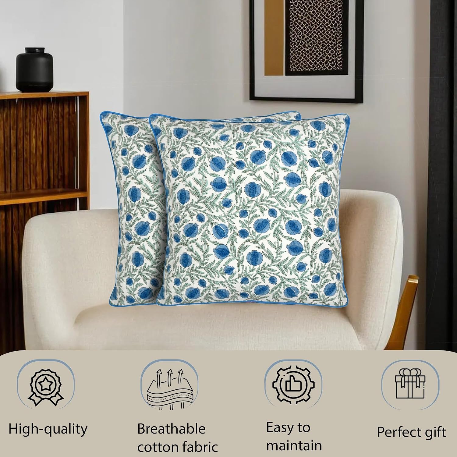 Ridhi Block Print Queen Blue Pillow Cover 20" x 20" (Pack of 2) Decorative Couch Pillows for Living Room, Farmhouse Chic Boho Cute Outdoor…