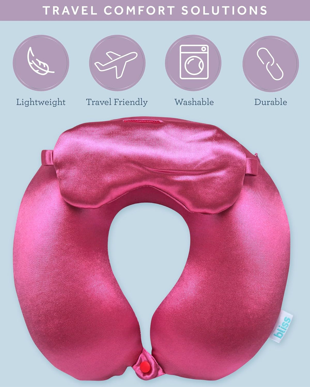 Bliss Neck Pillow Set - Lightweight U-Shaped Memory Foam Satin Travel Neck Pillow with Snap Closure and Matching Eye Mask for Airplane…