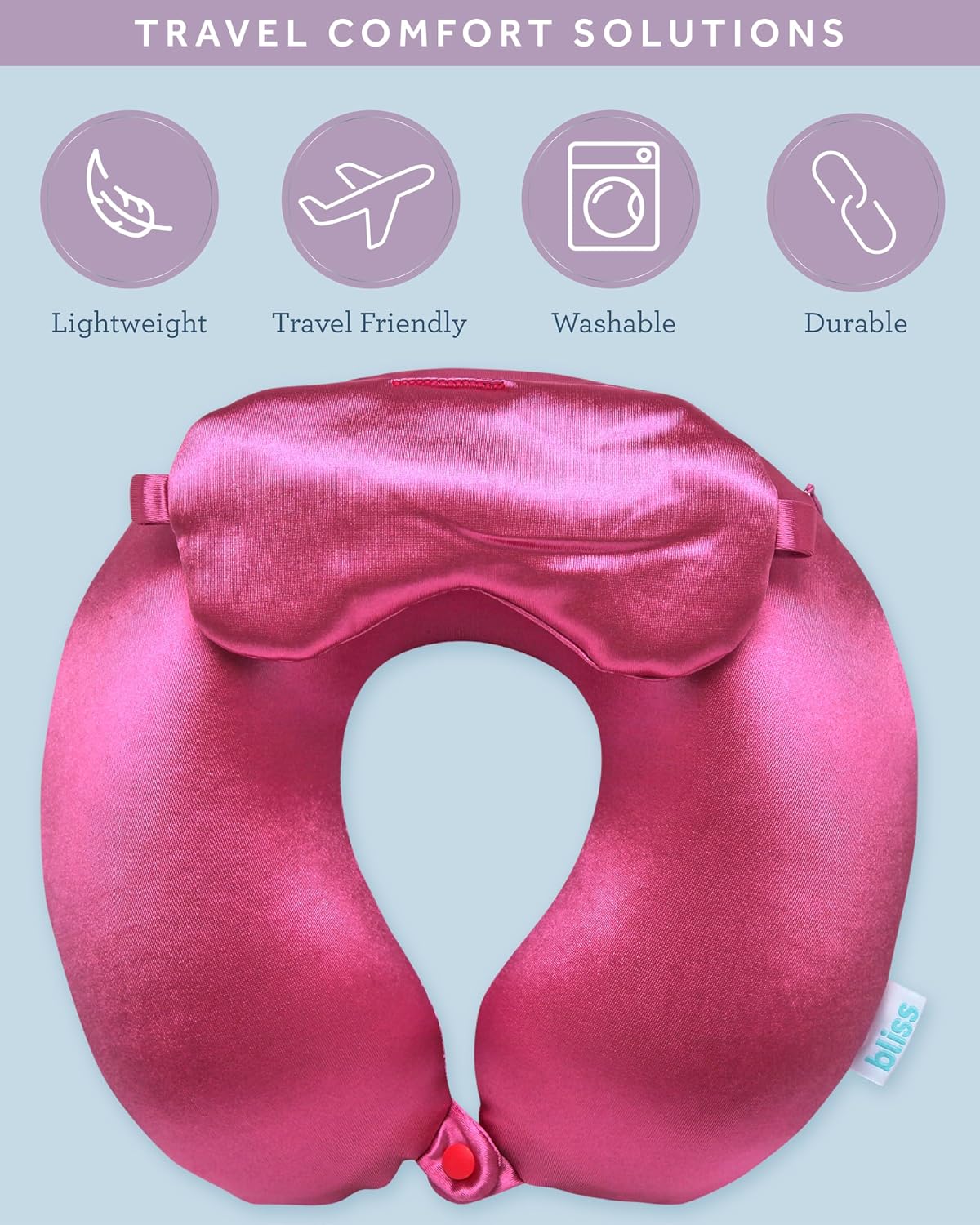 Bliss Neck Pillow Set - Lightweight U-Shaped Memory Foam Satin Travel Neck Pillow with Snap Closure and Matching Eye Mask for Airplane…