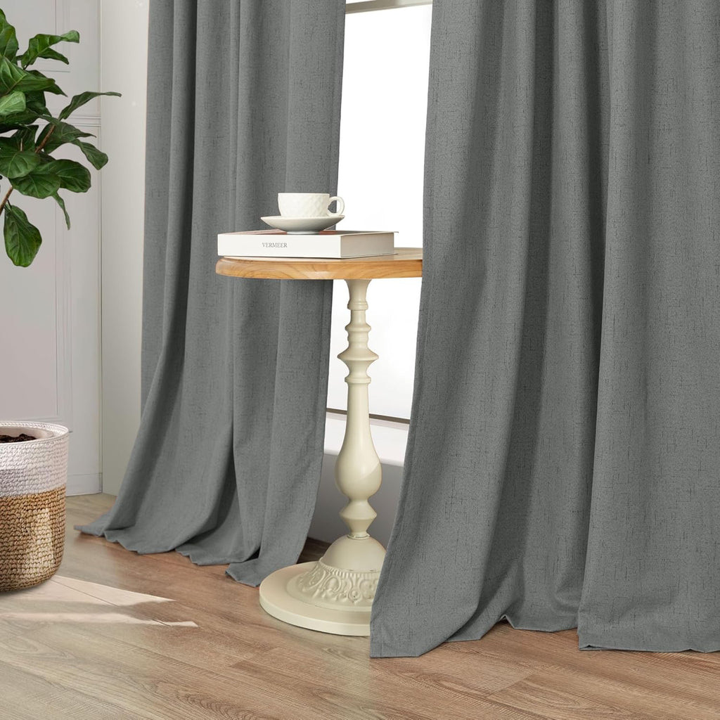 Pitalk Thick Blackout Curtains for Living Room 2 Panels Set 90 Inches Long Faux Linen Grey Room Darkening Curtains for Bedroom Heavy Deaden…