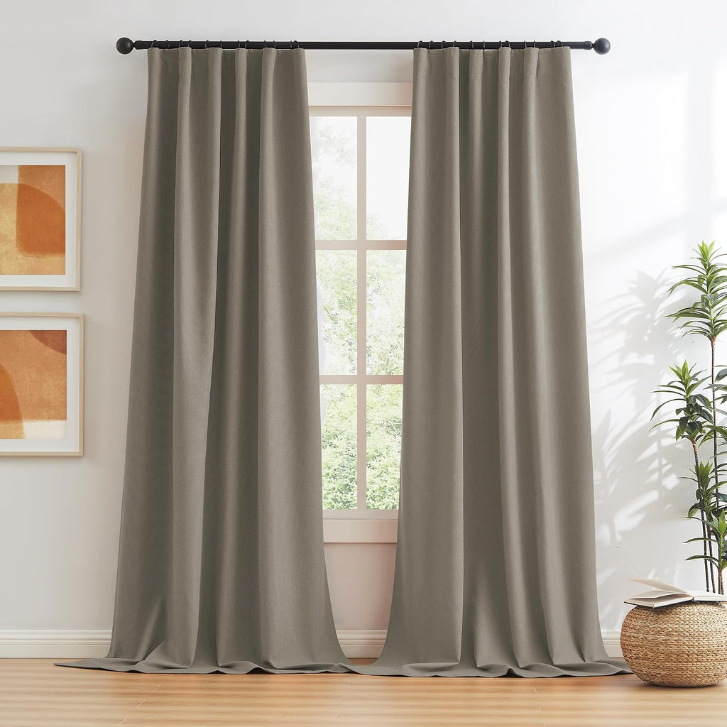 Keqiaosuocai Taupe Blackout Curtains Linen 72 Inch Length Set of 2 Panels Back Tab Rod Pocket Hook Belt Rustic Farmhouse Country Vintage De…