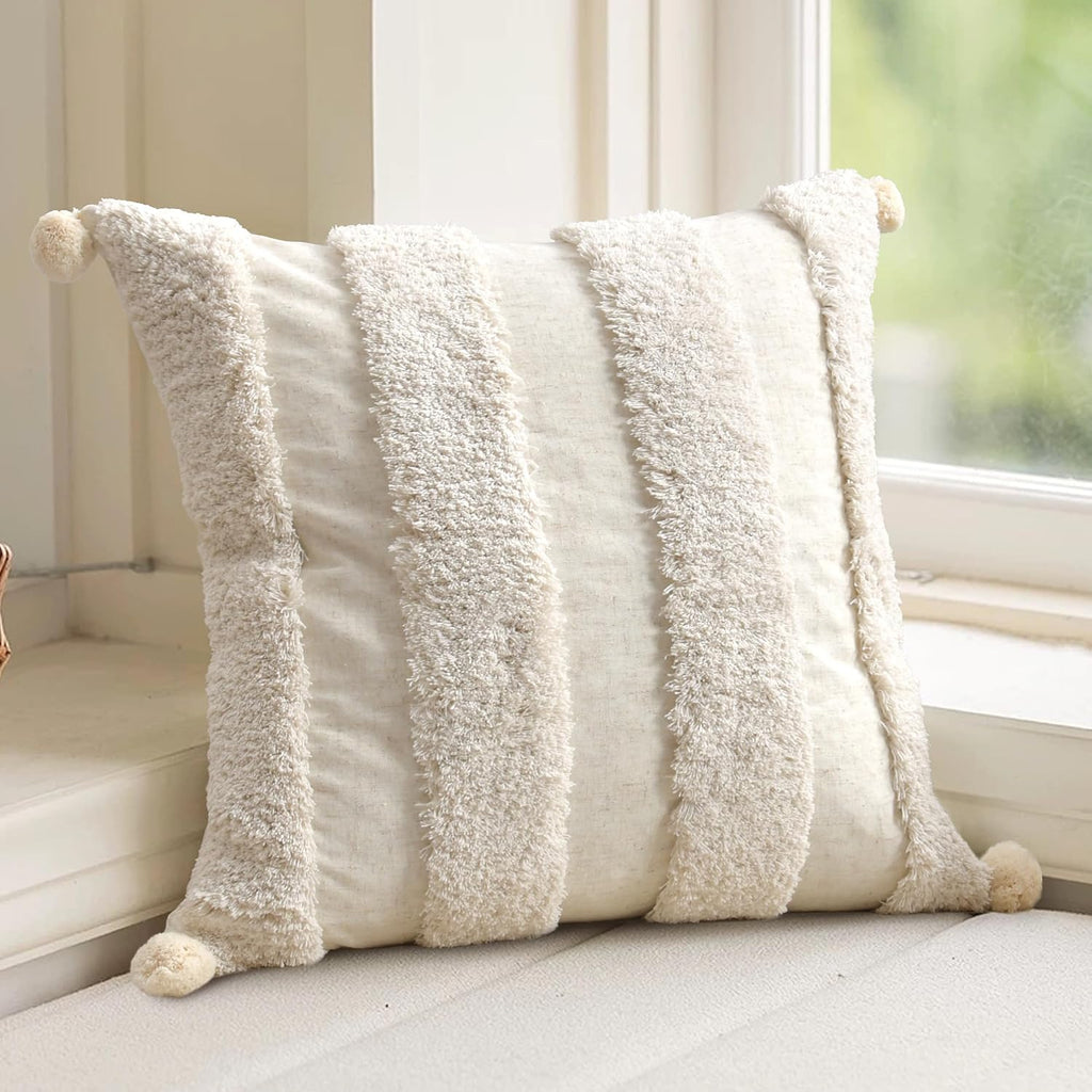 Loopuinhom Boho Pillow Covers 18X18 Inch Boho Tufted Linen Throw Pillow Covers Decorative Pompoms Cushion Cover Farmhouse Pillow Case for C…