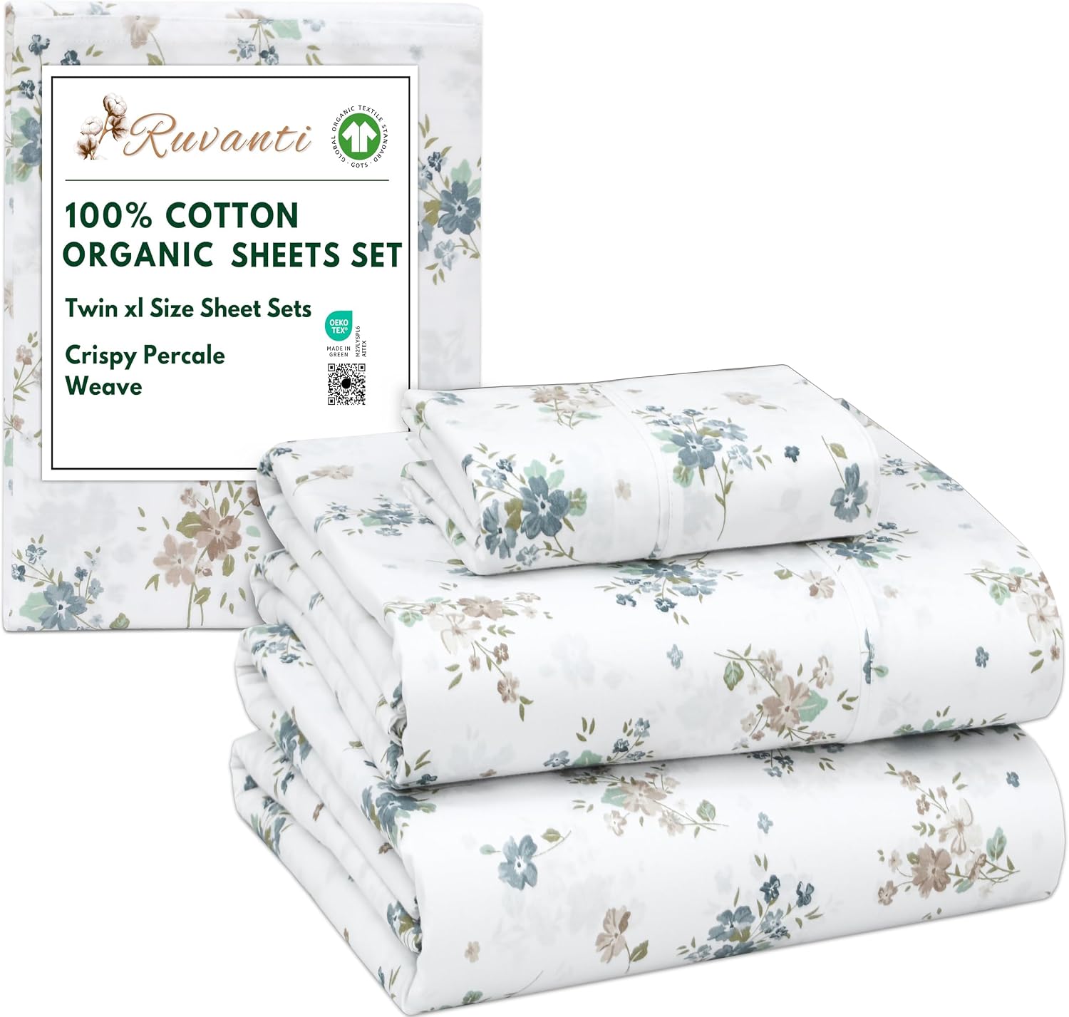Ruvanti 100% Cotton Organic Percale Sheets Twin XL Size – Crisp Cooling Bed Sheets for Hot Sleepers, Deep Pocket 15”, Soft Peach Finish, Br…