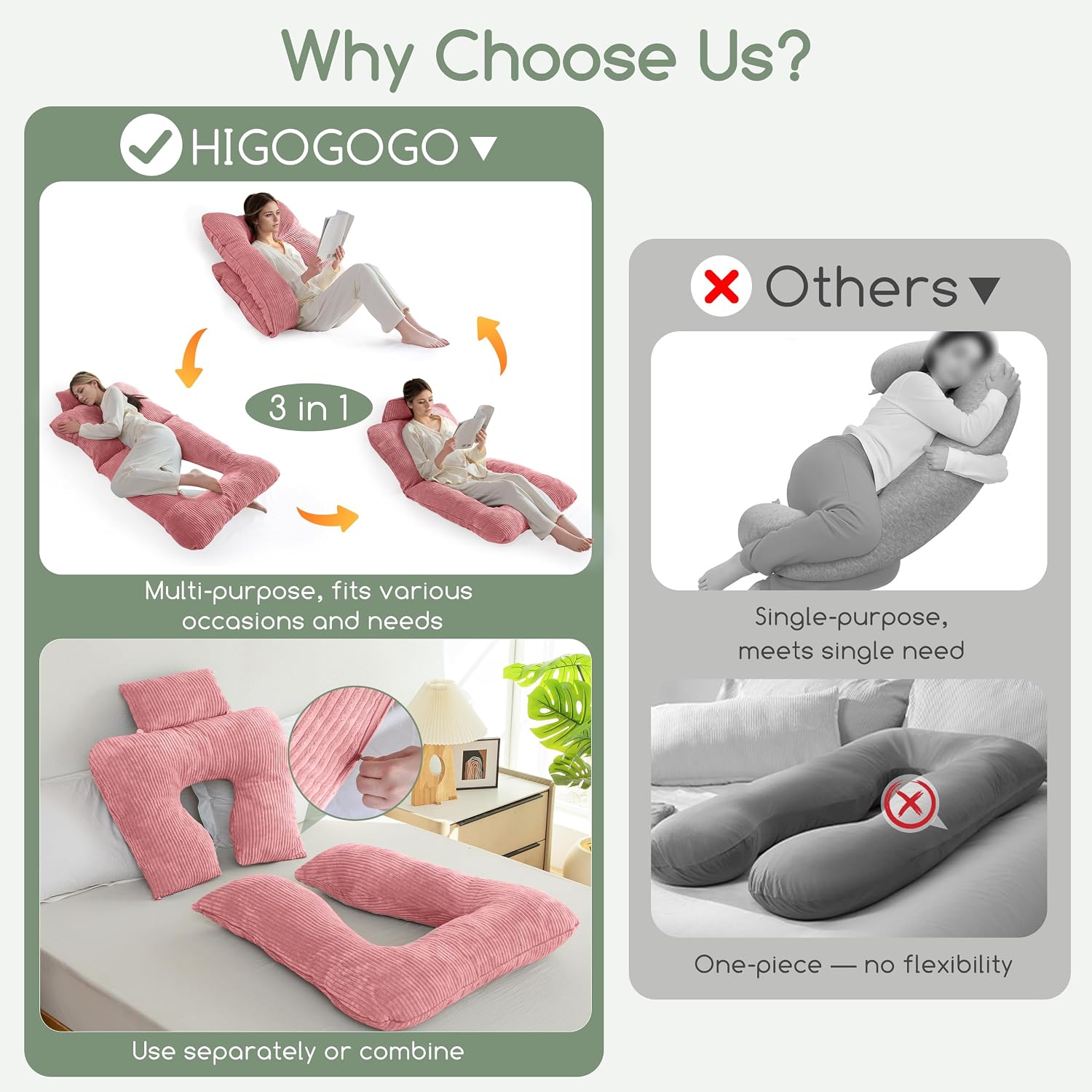 Higogogo Reading Pillow, Back Pillow for Sitting in Bed and Couch, Gaming Pillow for Adults, Sit Up Support for Bed, Pink Pink