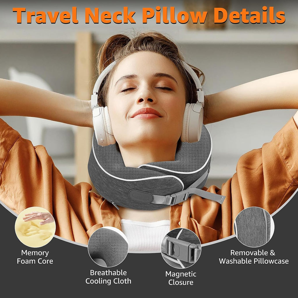 Travel Pillows for Airplanes Ergonomic Memory Foam Neck Pillow for Travel - 360° Head & Neck Support for Sleeping on Flights, Cars…