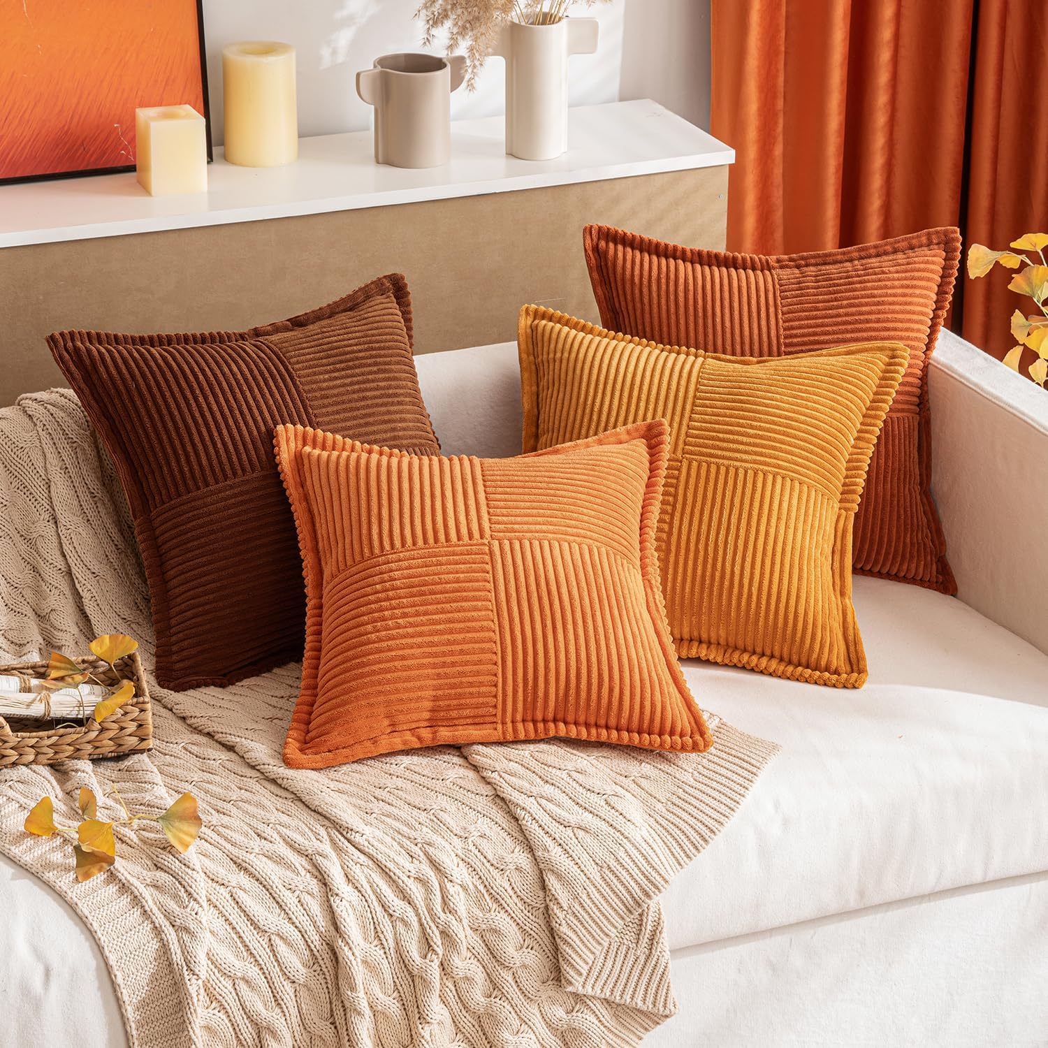 MIULEE Orange Decorative Throw Pillow Covers for Couch Bed Livingroom 18x18 Inch Set of 2 Boho Accent Throw Pllows Broadside Striped…