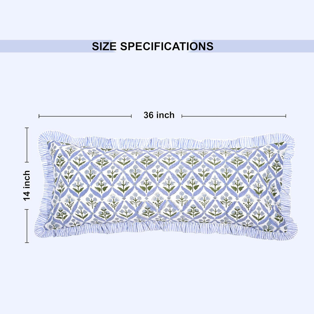 Ridhi Block Print Light Steel Blue 36"x14" Set 1-100% Cotton Ruffle Lumbar Sham Cover Boho Floral Pillowcase, Farmhouse Cottagecore…
