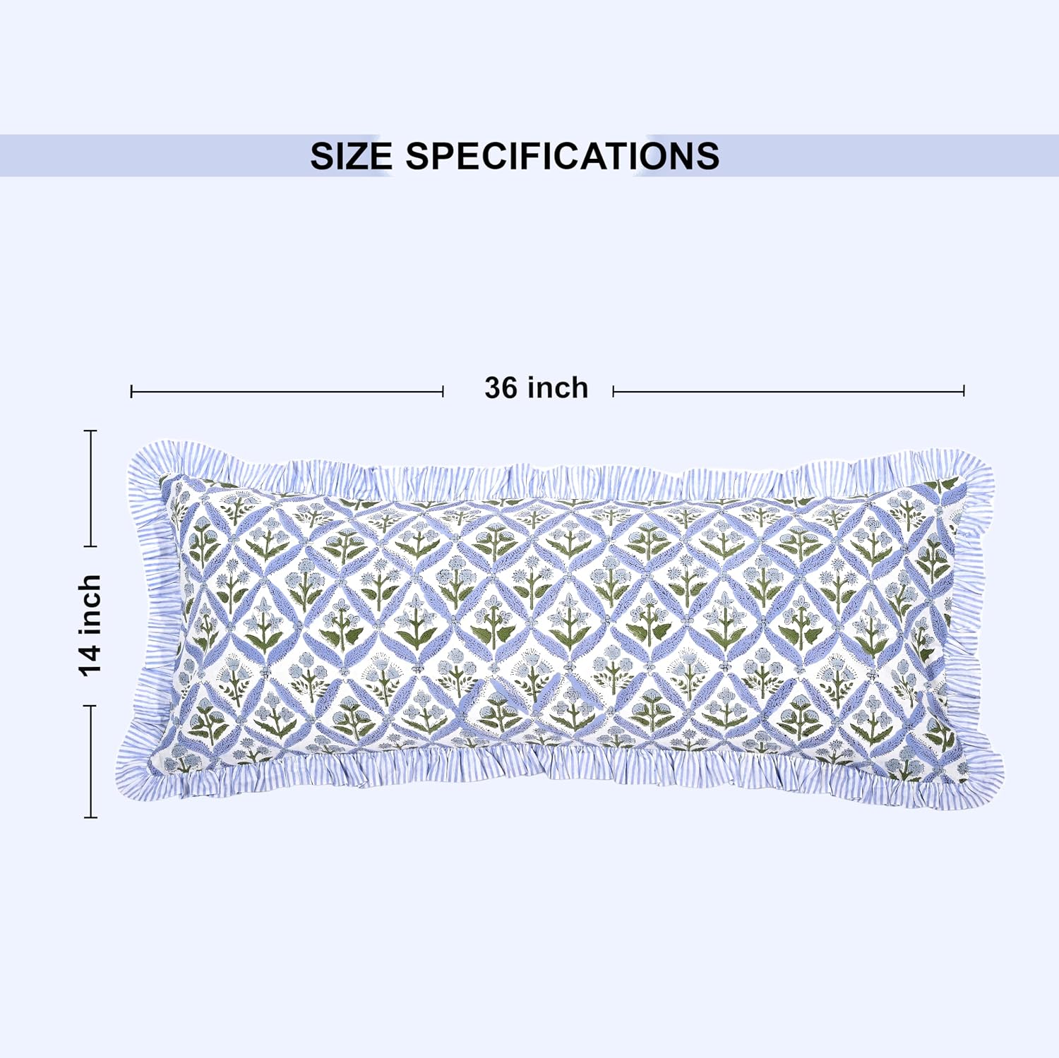 Ridhi Block Print Light Steel Blue 36"x14" Set 1-100% Cotton Ruffle Lumbar Sham Cover Boho Floral Pillowcase, Farmhouse Cottagecore…