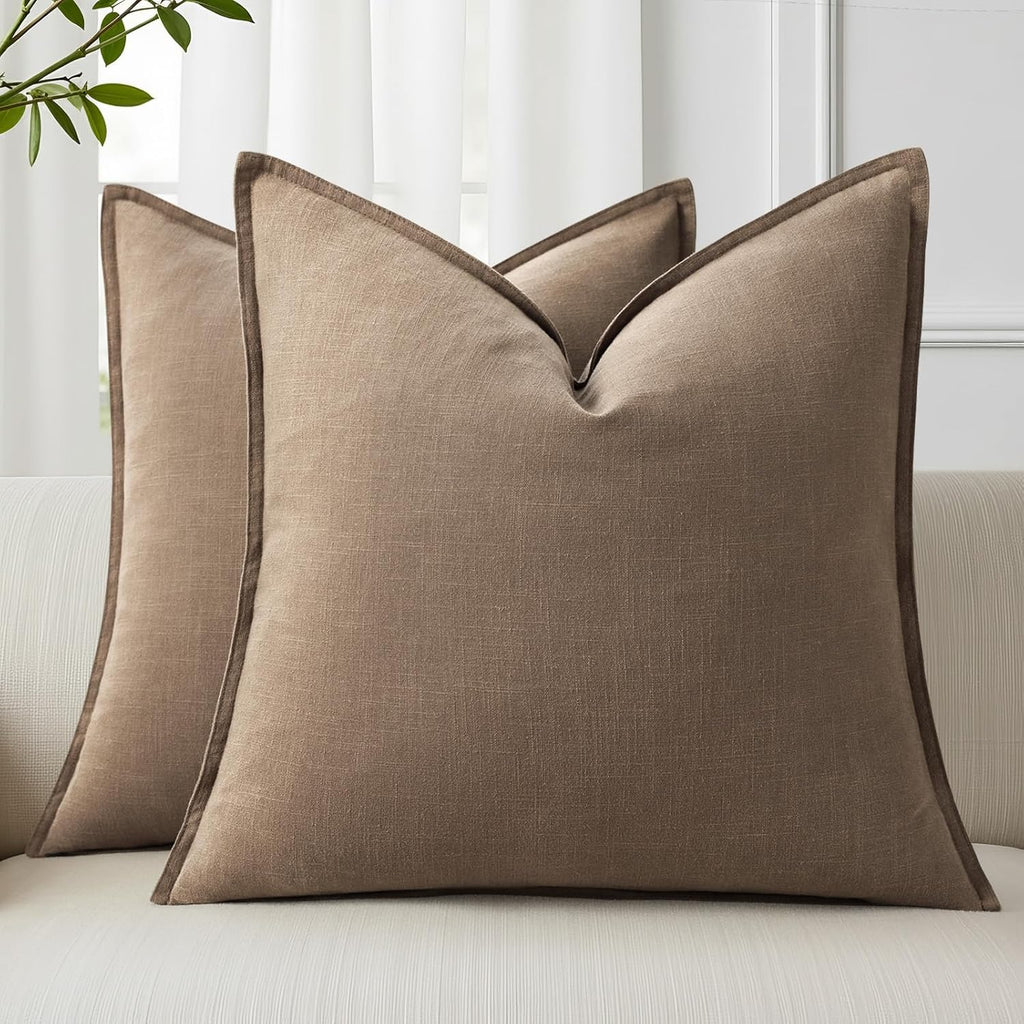decorUhome Summer Decorative Linen Throw Pillow Covers 20x20 Inch Set of 2 Light Brown Pillow Covers with Flange Edges Soft Farmhouse Boho…