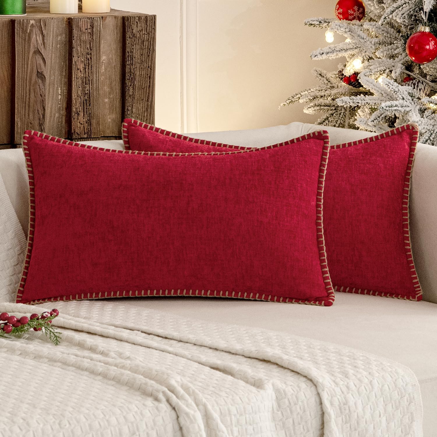 Miulee Pack of 2 Lumbar Throw Pillow Covers 12x20 Inch Red Farmhouse Decorative Pillow Covers with Stitched Edge Soft Chenille Solid Dyed P…