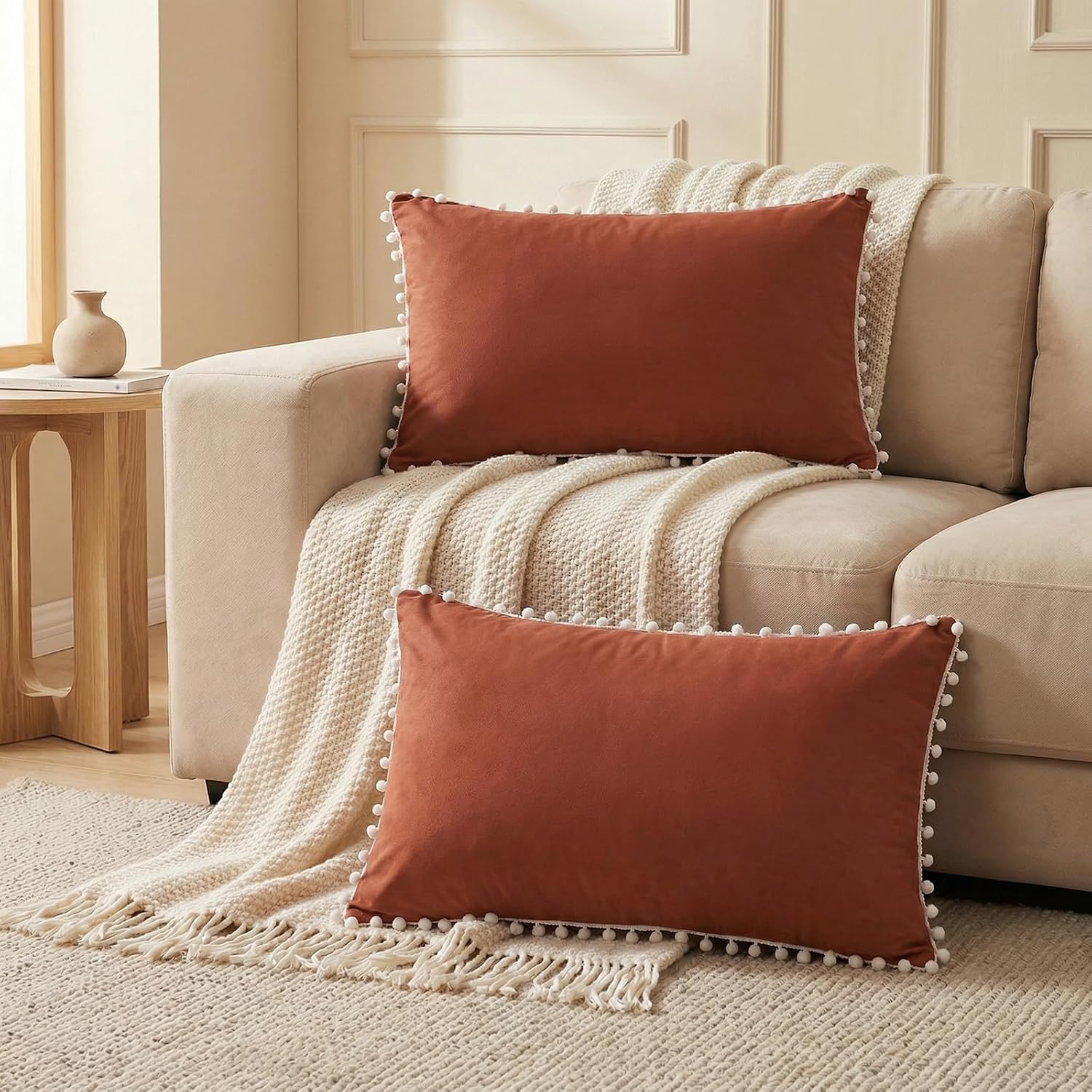 Moveover Brick Red Pom Poms Pillow Cases, Boho Pillowcases Set of 2, 100% Soft Washed Microfiber, Rust Pillow Shams King, 2 Pack 2 Pack Red