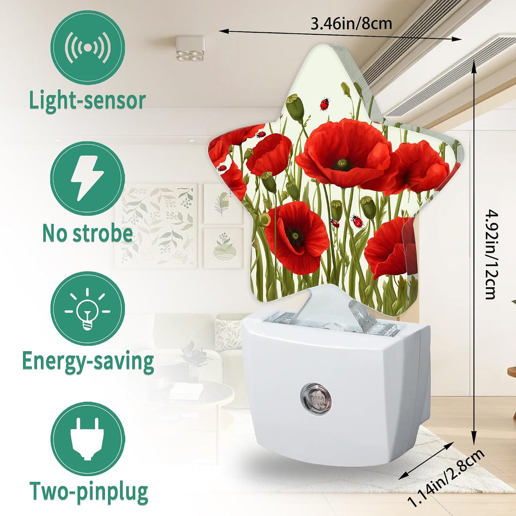 Star Night Light with Dusk to Dawn Sensor, Red Flowers Plug in Night Light for Kids Bedroom Nursery, Soft Warm Glow Lamp for Hallway…