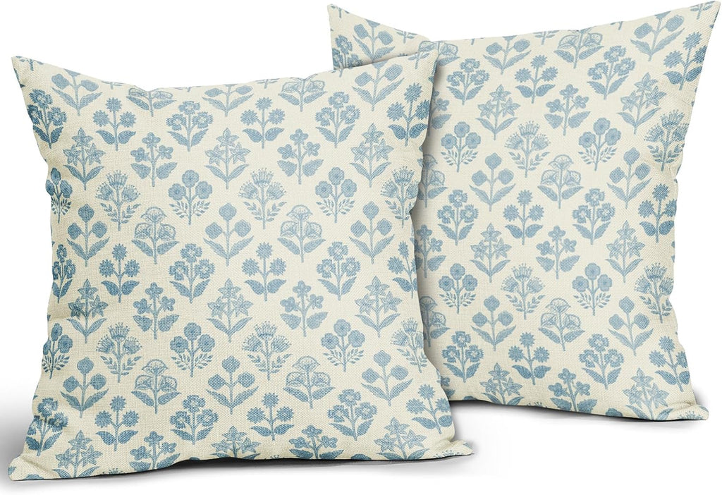 Light Blue Floral Pillow Covers 16x16 Inch Set of 2, Vintage Flower Block Print Pattern Decorative Throw Pillowcases Outdoor Farmhouse…