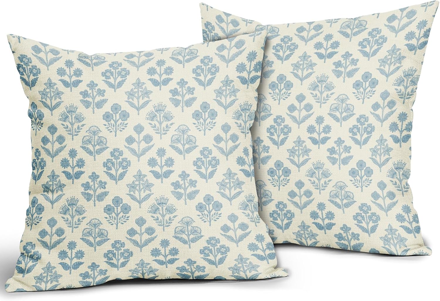 Light Blue Floral Pillow Covers 16x16 Inch Set of 2, Vintage Flower Block Print Pattern Decorative Throw Pillowcases Outdoor Farmhouse…