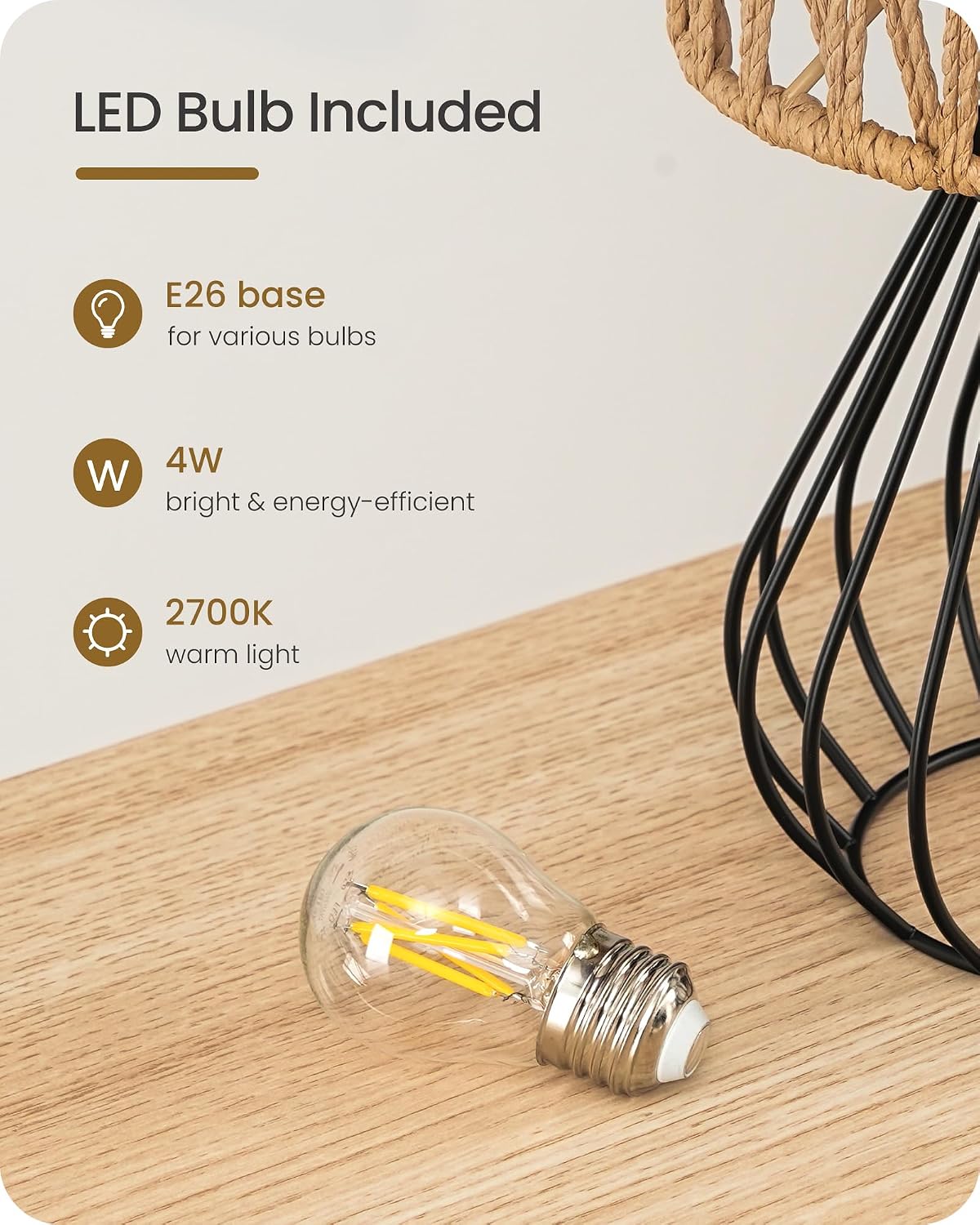 Rattan Table Lamp, Boho Table Lamp, Small Bedside Lamp, Handwoven Paper Lampshade, 2700K LED Bulb Included, Boho Desk Lamp, Modern…
