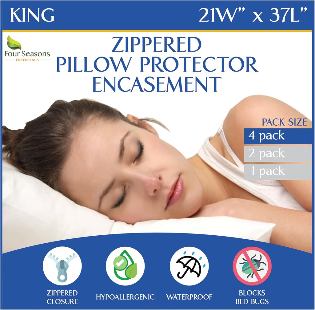 Waterproof King Pillow Protectors (Set of 4) – Zippered Allergy Pillow Cover Dust Proof Encasement