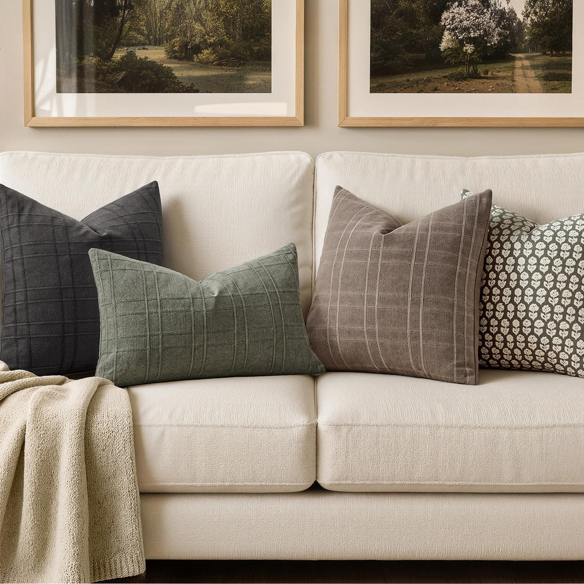 Miulee Decorative Linen Check Euro Shams Throw Pillow Covers Neutral Farmhouse Vintage Pillow Covers 24x24 Set of 2 Boho Modern Winter Home…