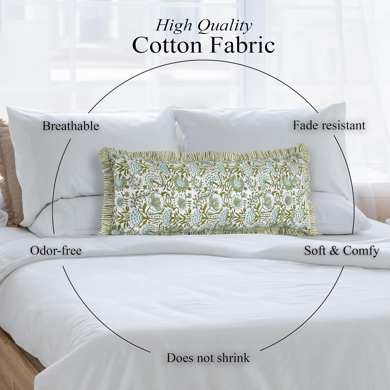 Cottonprintclub CPC Hand Block Print Agate Green Ruffle Sham Pillow Cover 36" x 14" inch Hidden Zipper Decorative Pillowcase for Couch, Bed…